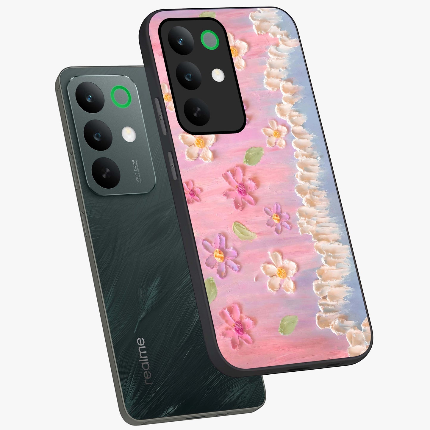 Dreamy Painted Garden Glass Case displayed in angled mockup highlighting colorful garden illustration with dreamy aesthetic style.
