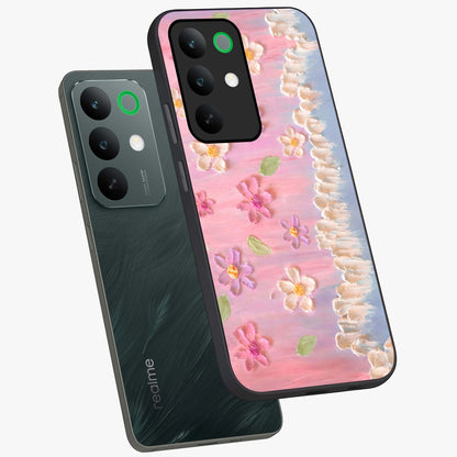 Dreamy Painted Garden Glass Case displayed in angled mockup highlighting colorful garden illustration with dreamy aesthetic style.