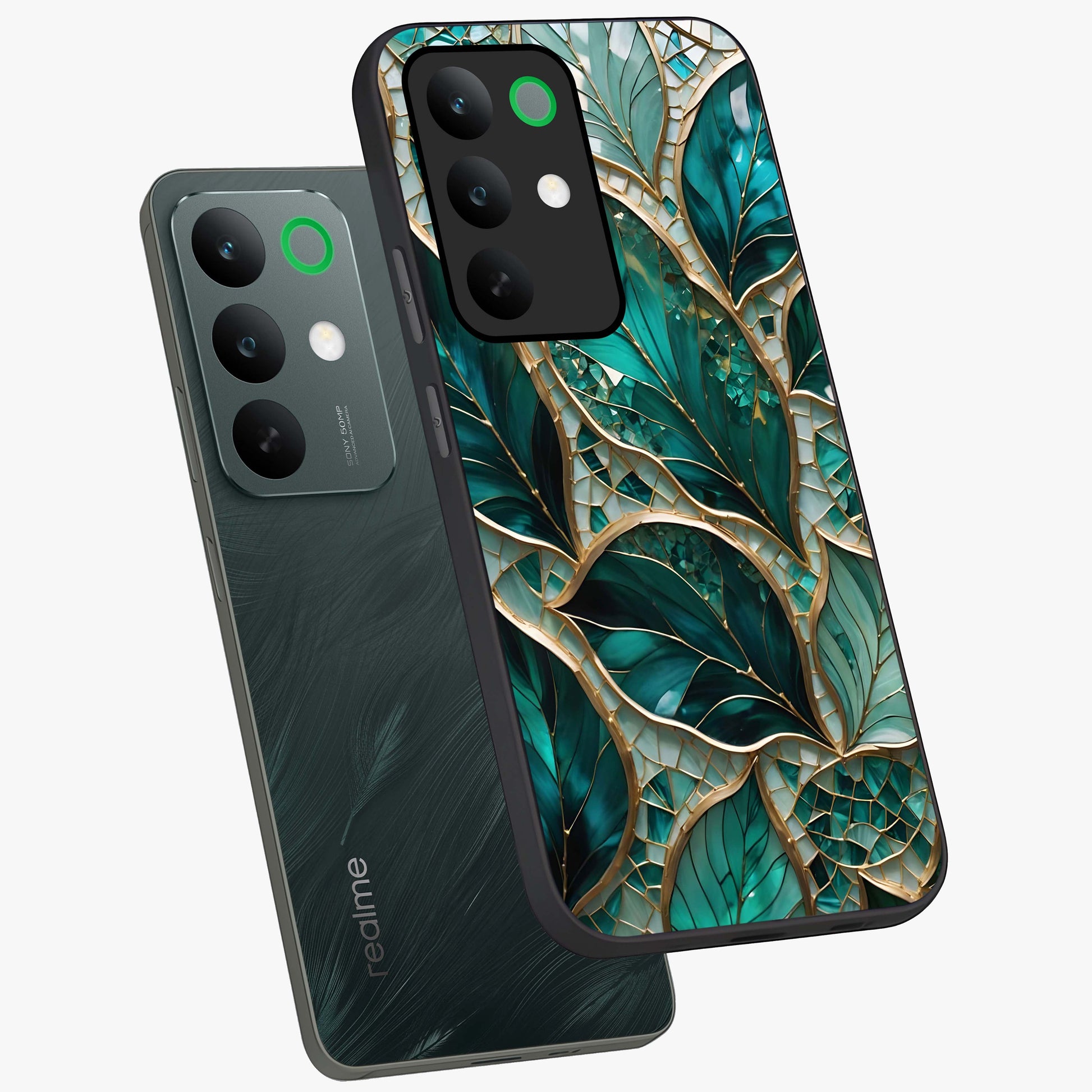 Emerald Leaf Glass Glass Case displayed in angled mockup highlighting botanical leaf illustration with elegant natural aesthetic.