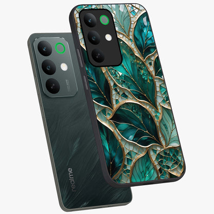 Emerald Leaf Glass Glass Case displayed in angled mockup highlighting botanical leaf illustration with elegant natural aesthetic.