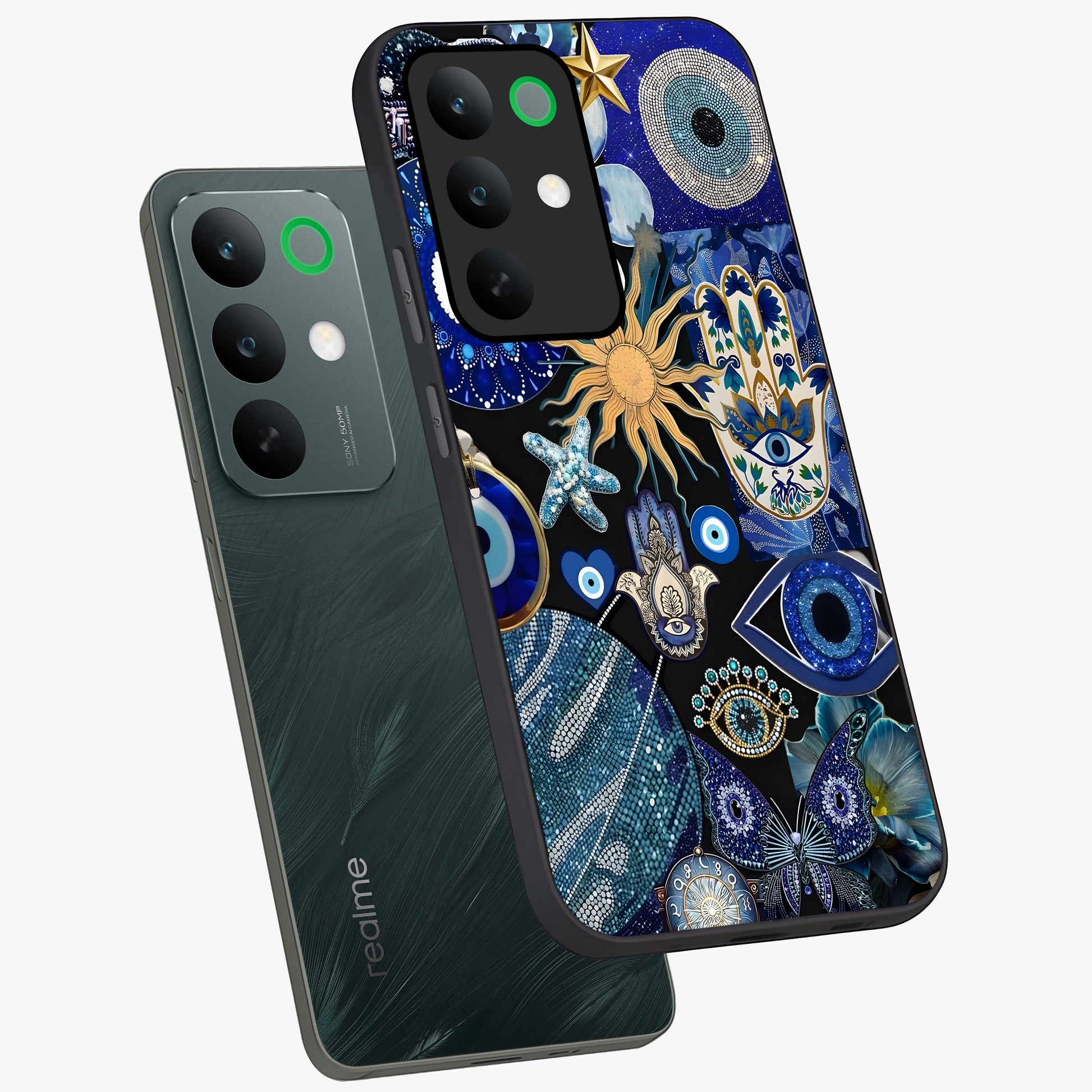 Evil Eye Charm Mix Glass Case displayed in angled mockup highlighting protective evil eye symbols with spiritual aesthetic design.