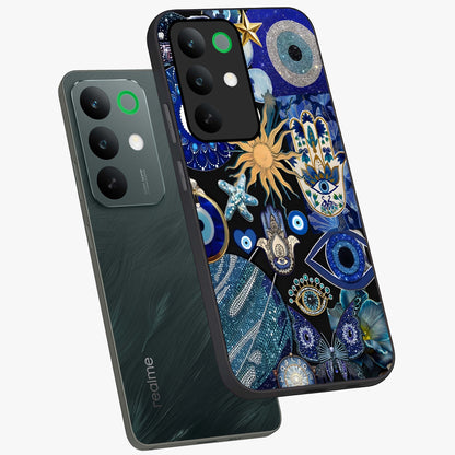 Evil Eye Charm Mix Glass Case displayed in angled mockup highlighting protective evil eye symbols with spiritual aesthetic design.