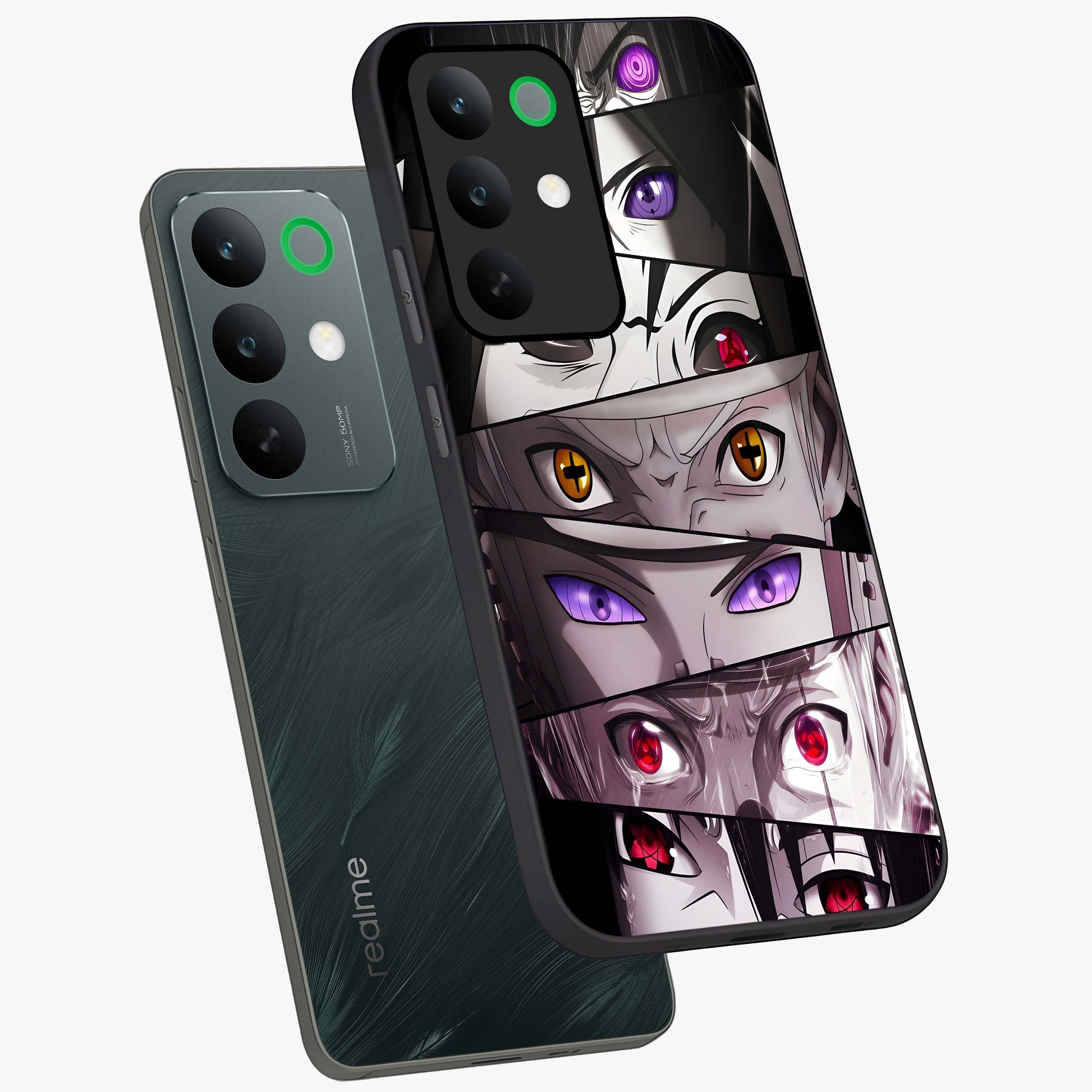 Eyes of Destiny Glass Case displayed in angled mockup highlighting bold eye illustration with mystical aesthetic style.