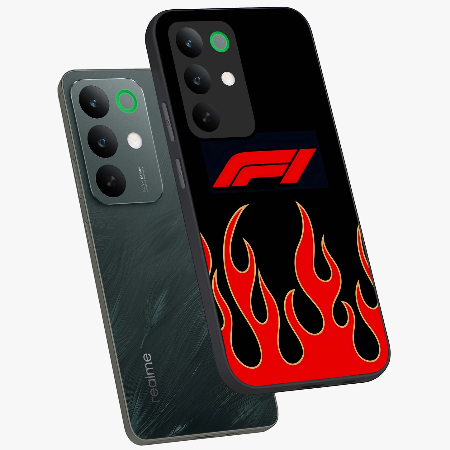Fire F11 Glass Case displayed in angled mockup highlighting bold fire inspired graphic with energetic aesthetic style.