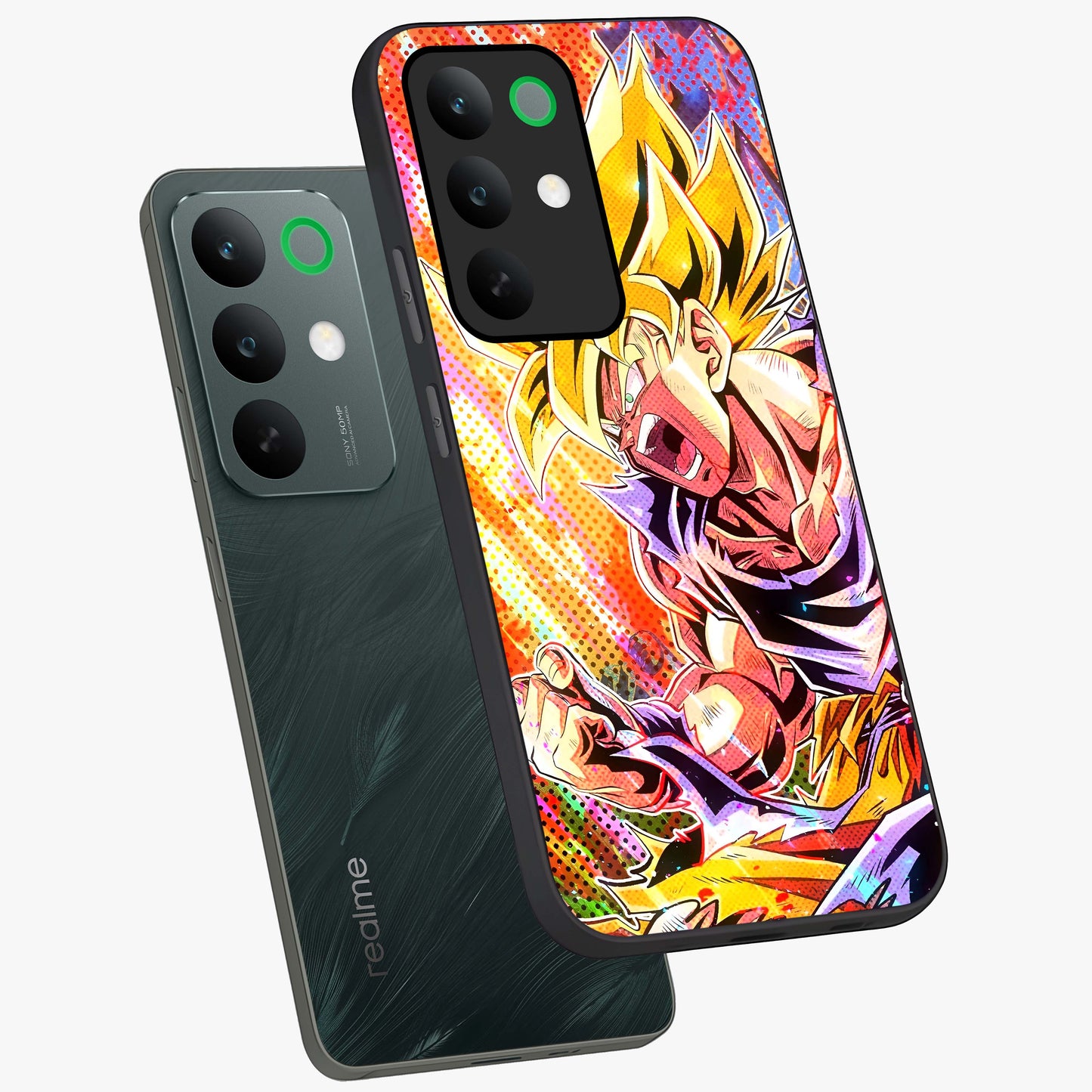 Firing Goku Glass Case displayed in angled mockup highlighting dynamic anime character design with action aesthetic.