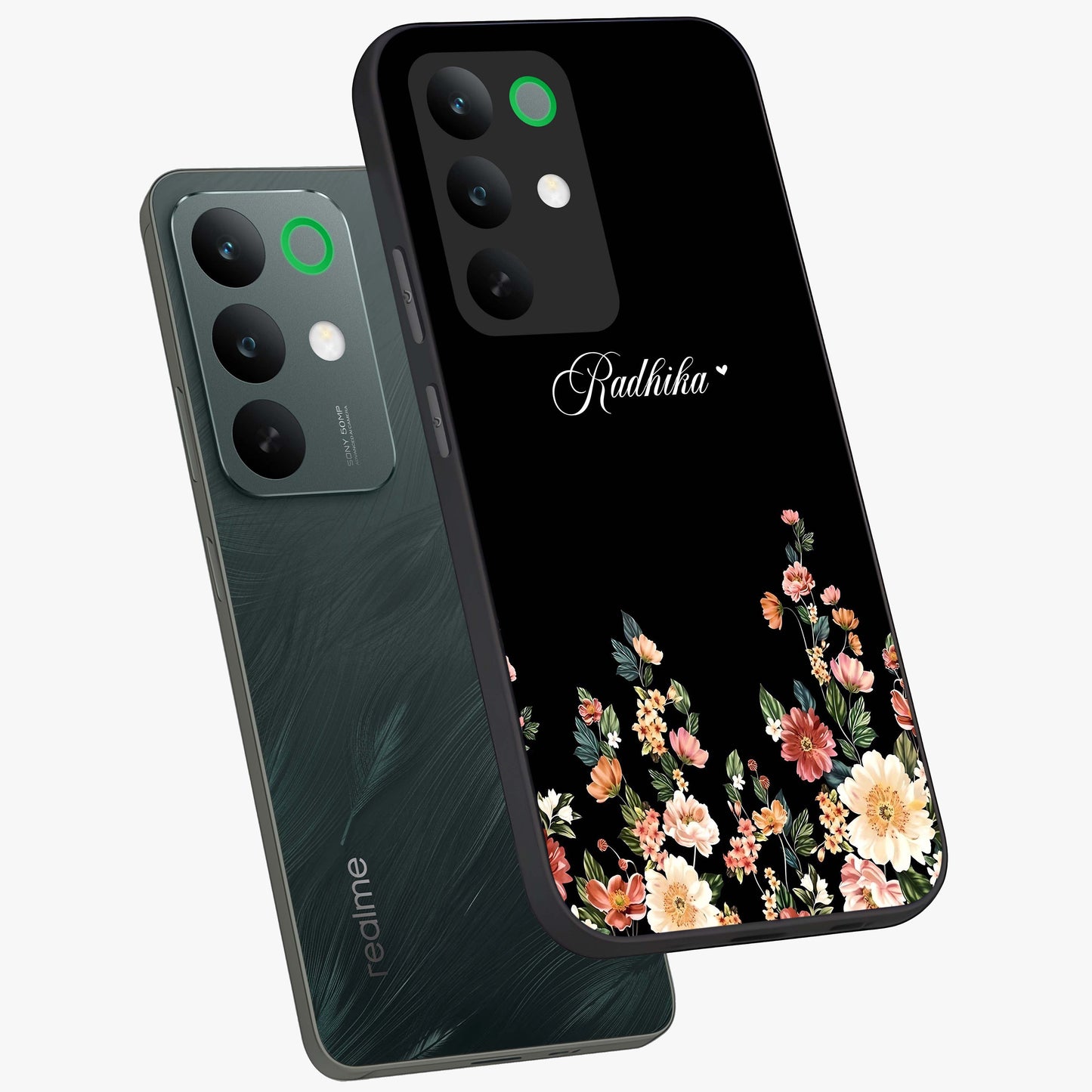 Floral Design With a Custom Personalized Name Glass Case displayed in angled mockup highlighting elegant floral pattern with custom name feature.