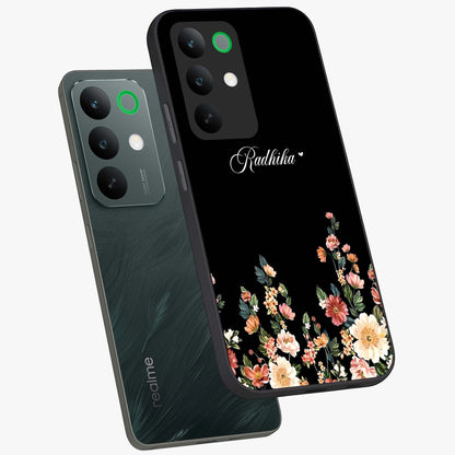 Floral Design With a Custom Personalized Name Glass Case displayed in angled mockup highlighting elegant floral pattern with custom name feature.