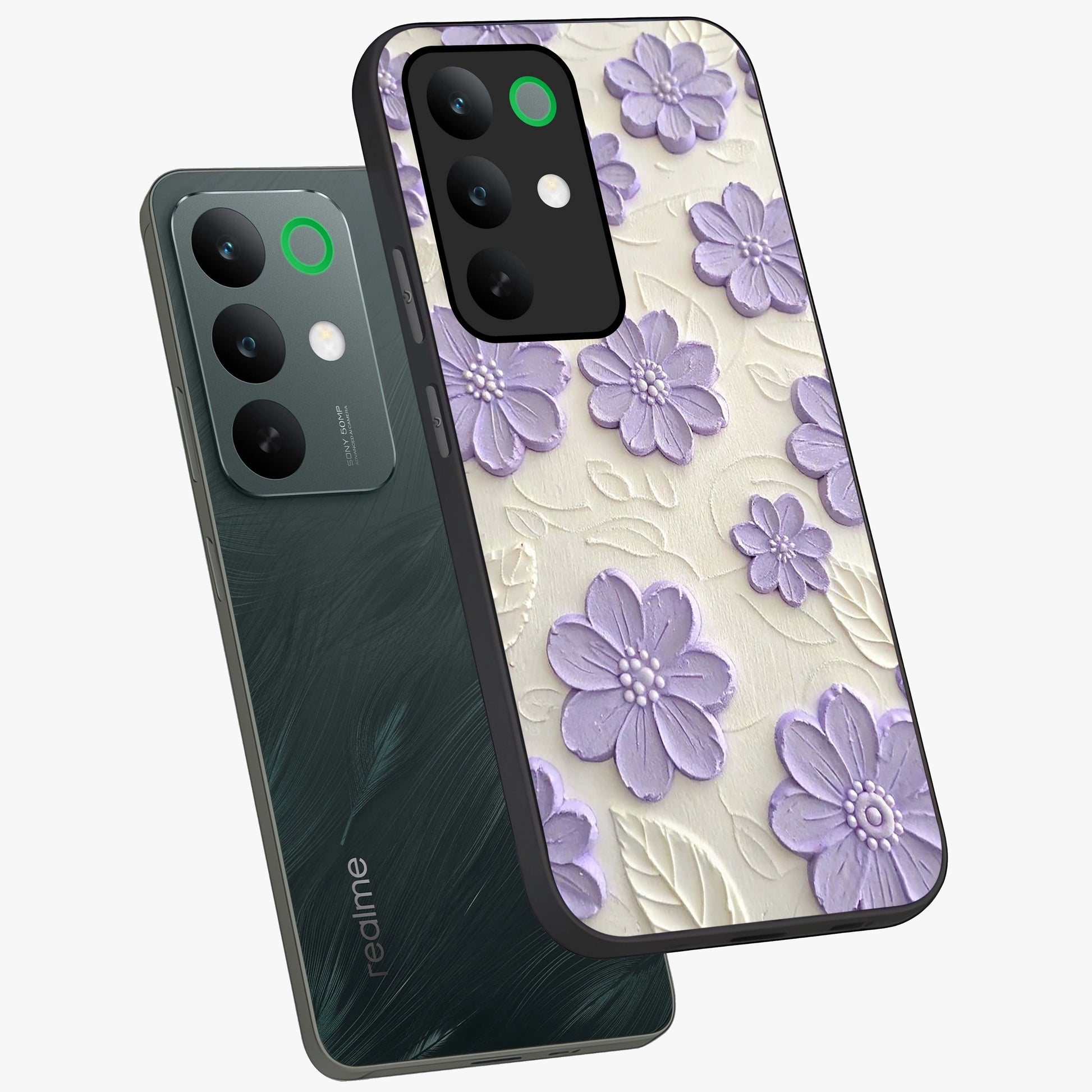 Floral Wall Art With Purple Flowers Glass Case displayed in angled mockup highlighting vibrant purple floral illustration with artistic aesthetic.