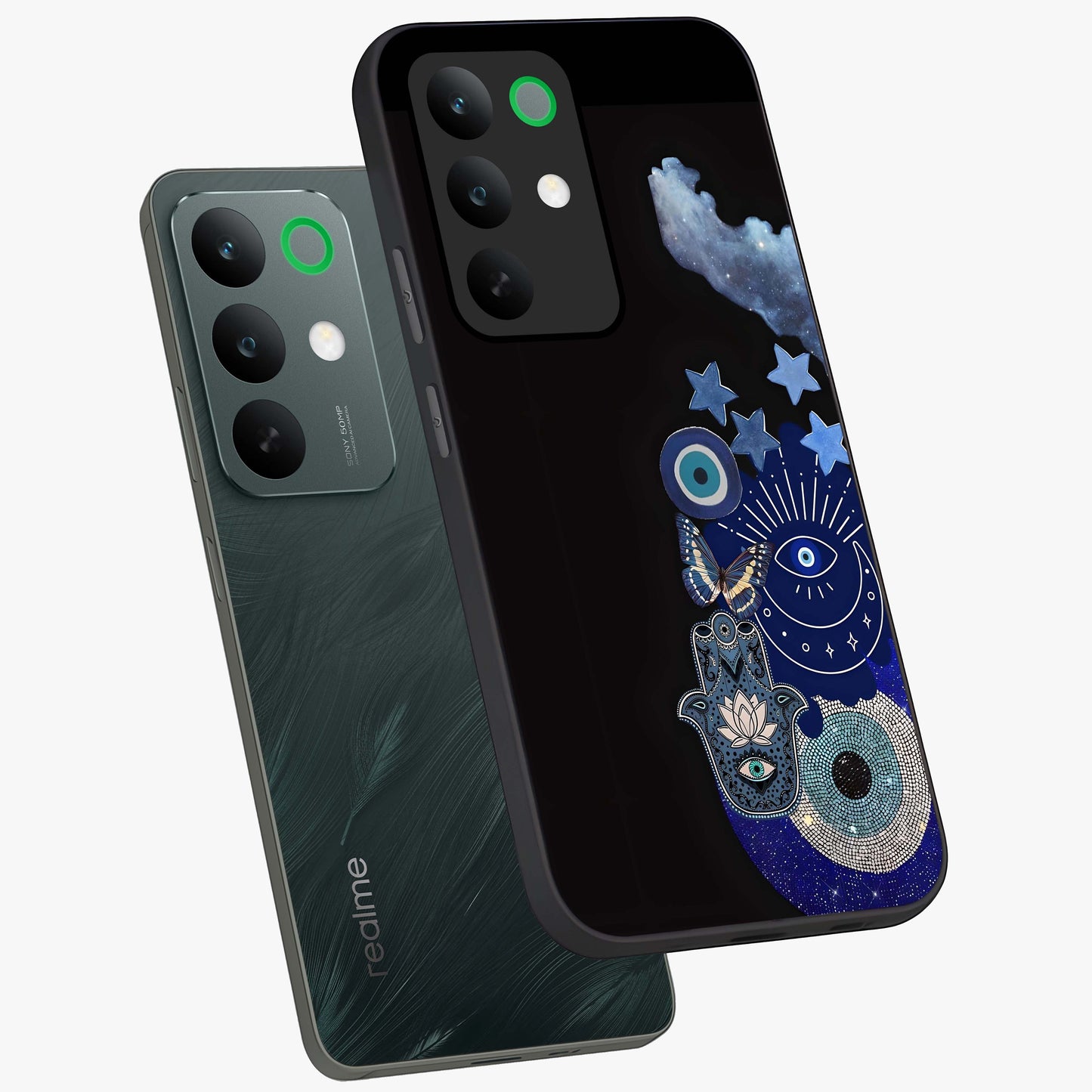Galactic Charm Cluster Glass Case displayed in angled mockup highlighting luminous galaxy inspired design with dreamy aesthetic.