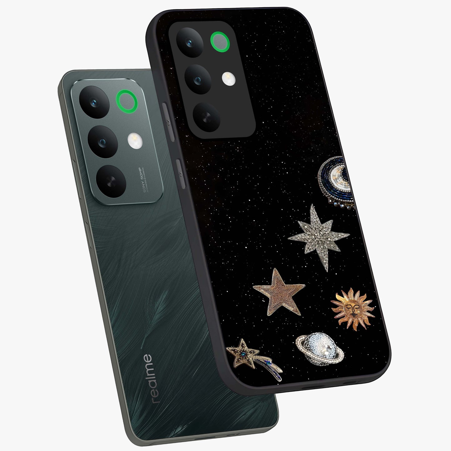 Galactic Charm Glow Glass Case displayed in angled mockup highlighting luminous galaxy inspired design with dreamy aesthetic.