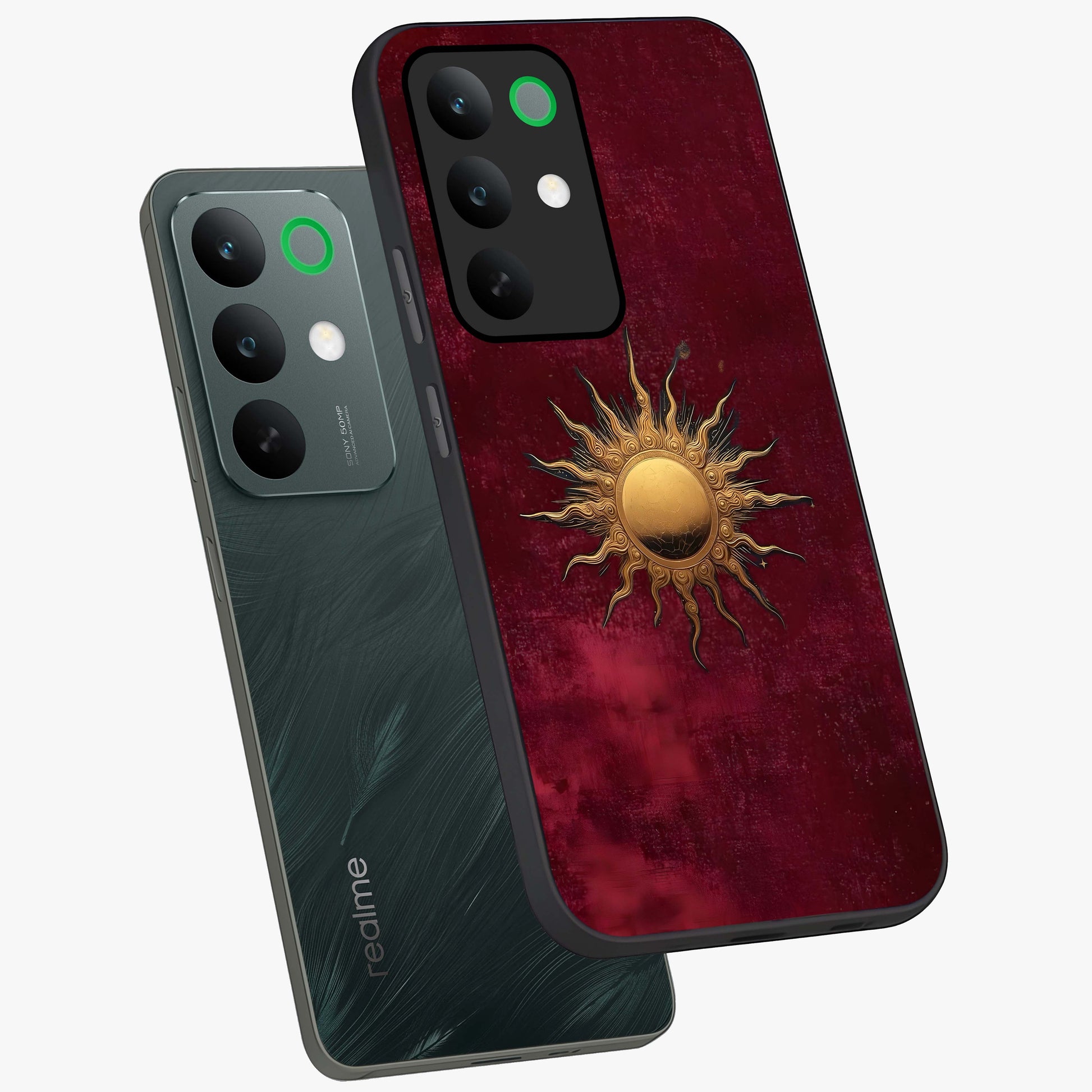 Golden Sun Minimalism Glass Case displayed in angled mockup highlighting clean sun symbol design with modern minimal aesthetic.
