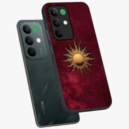 Golden Sun Minimalism Glass Case displayed in angled mockup highlighting clean sun symbol design with modern minimal aesthetic.