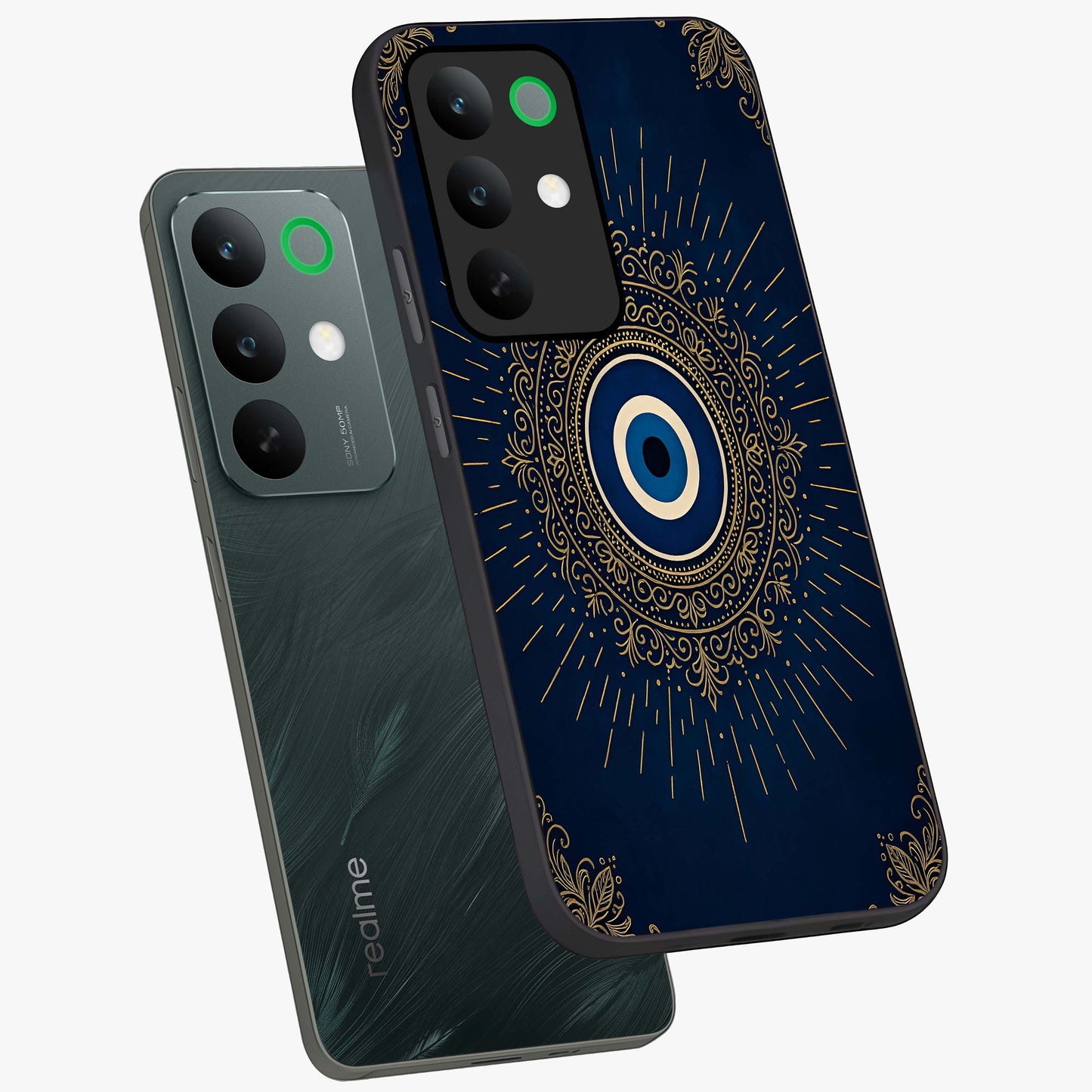 Golden Celestial Charm Glass Case displayed in angled mockup highlighting sparkling cosmic charm design with celestial aesthetic.