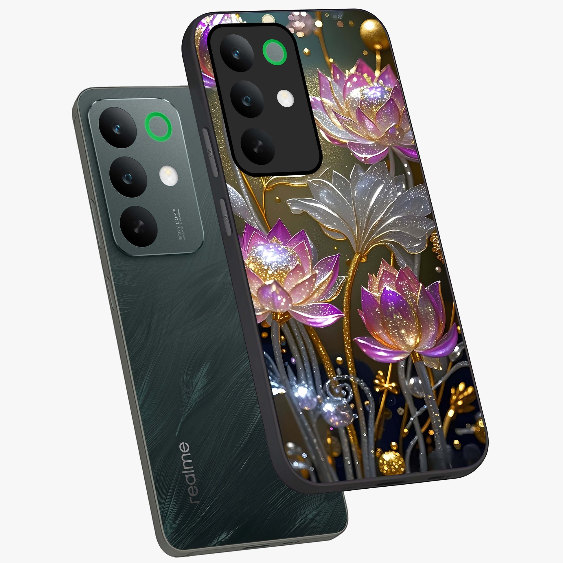 Golden Floral Majesty Glass Case displayed in angled mockup highlighting elegant flower design with royal golden aesthetic.