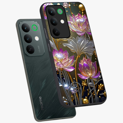 Golden Floral Majesty Glass Case displayed in angled mockup highlighting elegant flower design with royal golden aesthetic.