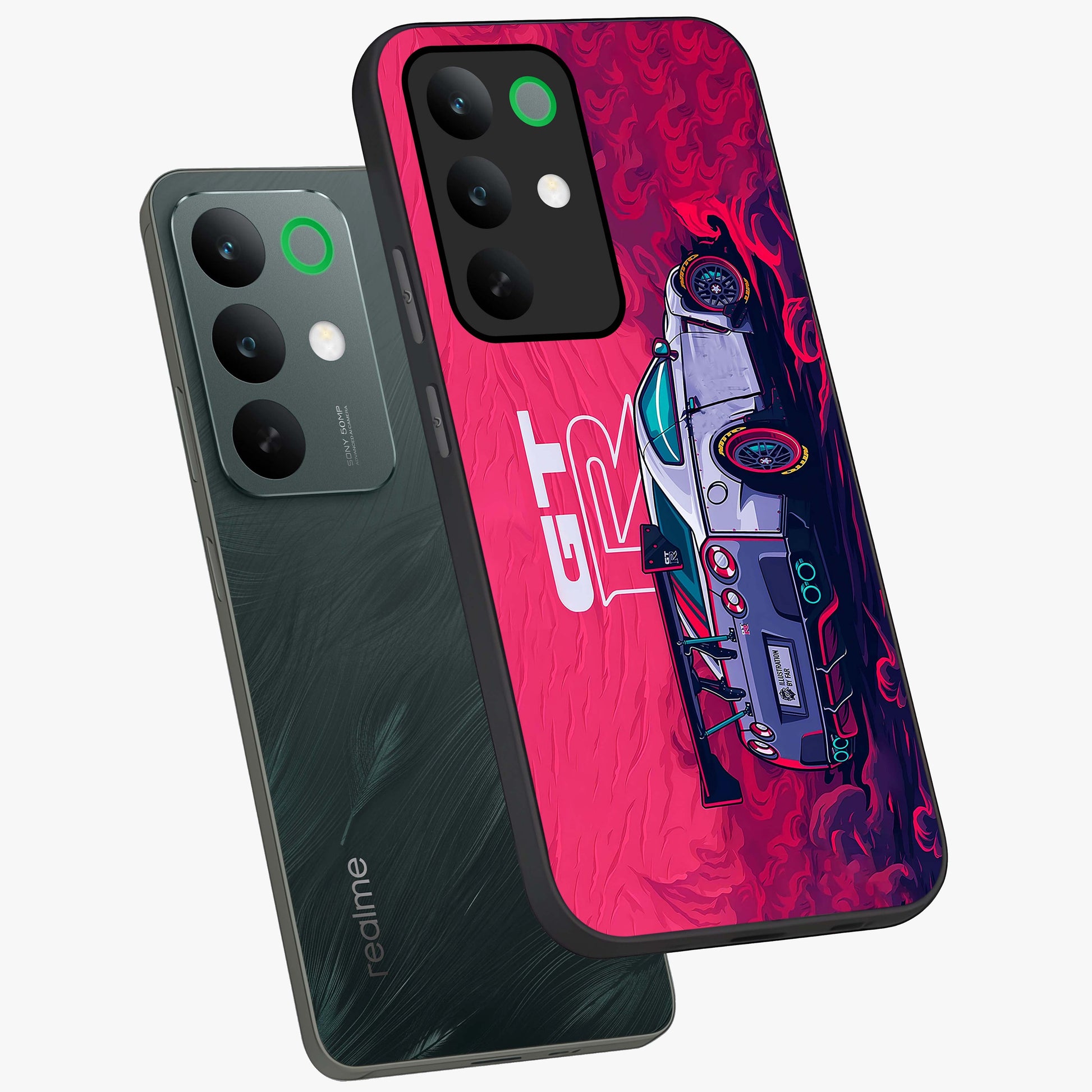 GT-R Car Pattern Glass Case displayed in angled mockup highlighting racing car graphic design with bold automotive aesthetic.