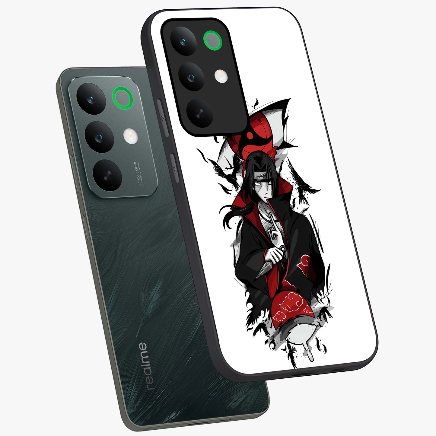 Itachi Limited Edition Naruto Anime Glass Case displayed in angled mockup highlighting dramatic anime illustration with bold action aesthetic.