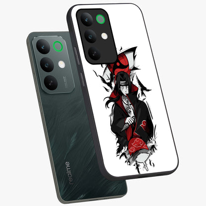 Itachi Limited Edition Naruto Anime Glass Case displayed in angled mockup highlighting dramatic anime illustration with bold action aesthetic.