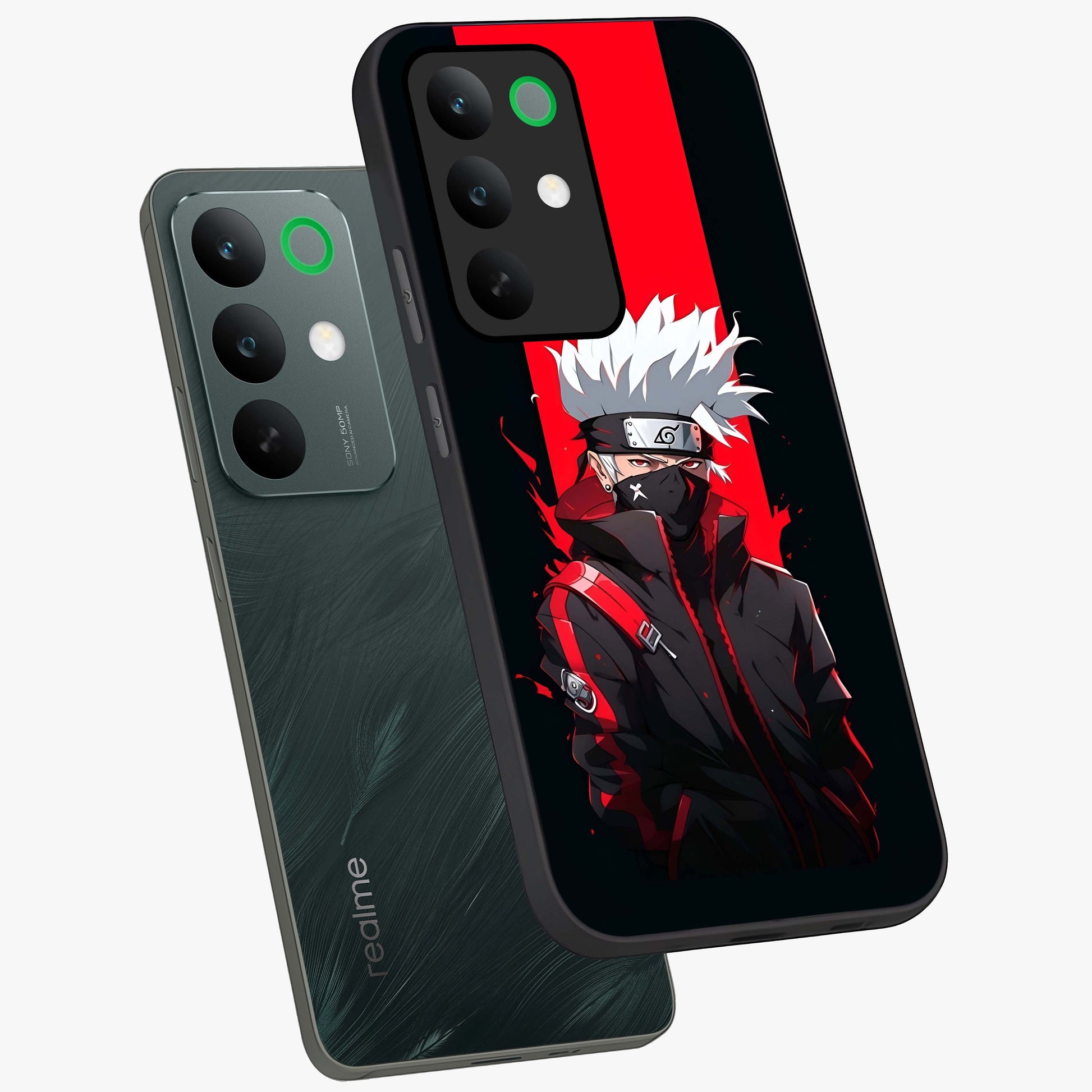 Kakashi Scarlet Shadow Glass Case displayed in angled mockup highlighting dramatic ninja illustration with scarlet themed aesthetic.