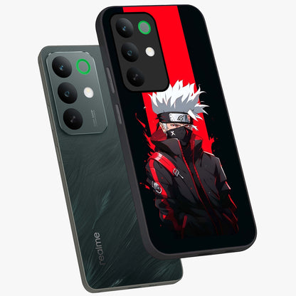 Kakashi Scarlet Shadow Glass Case displayed in angled mockup highlighting dramatic ninja illustration with scarlet themed aesthetic.