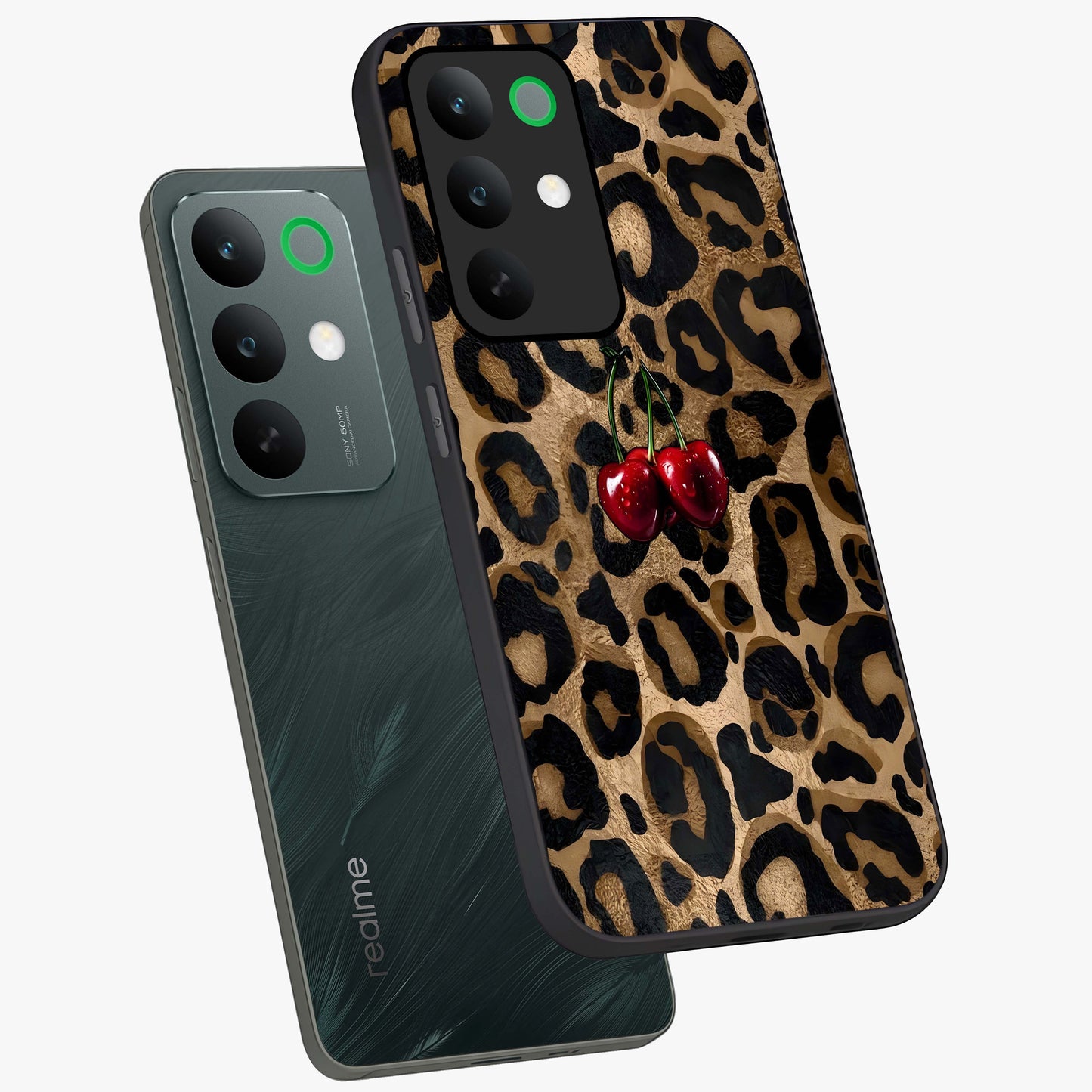 Leopard Wild Cherry Glass Case displayed in angled mockup highlighting bold animal print design with playful cherry aesthetic.