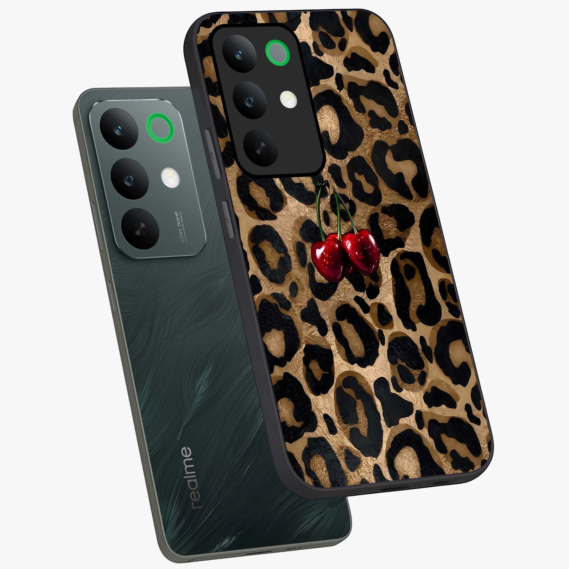 Leopard Wild Cherry Glass Case displayed in angled mockup highlighting bold animal print design with playful cherry aesthetic.