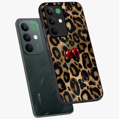Leopard Wild Cherry Glass Case displayed in angled mockup highlighting bold animal print design with playful cherry aesthetic.