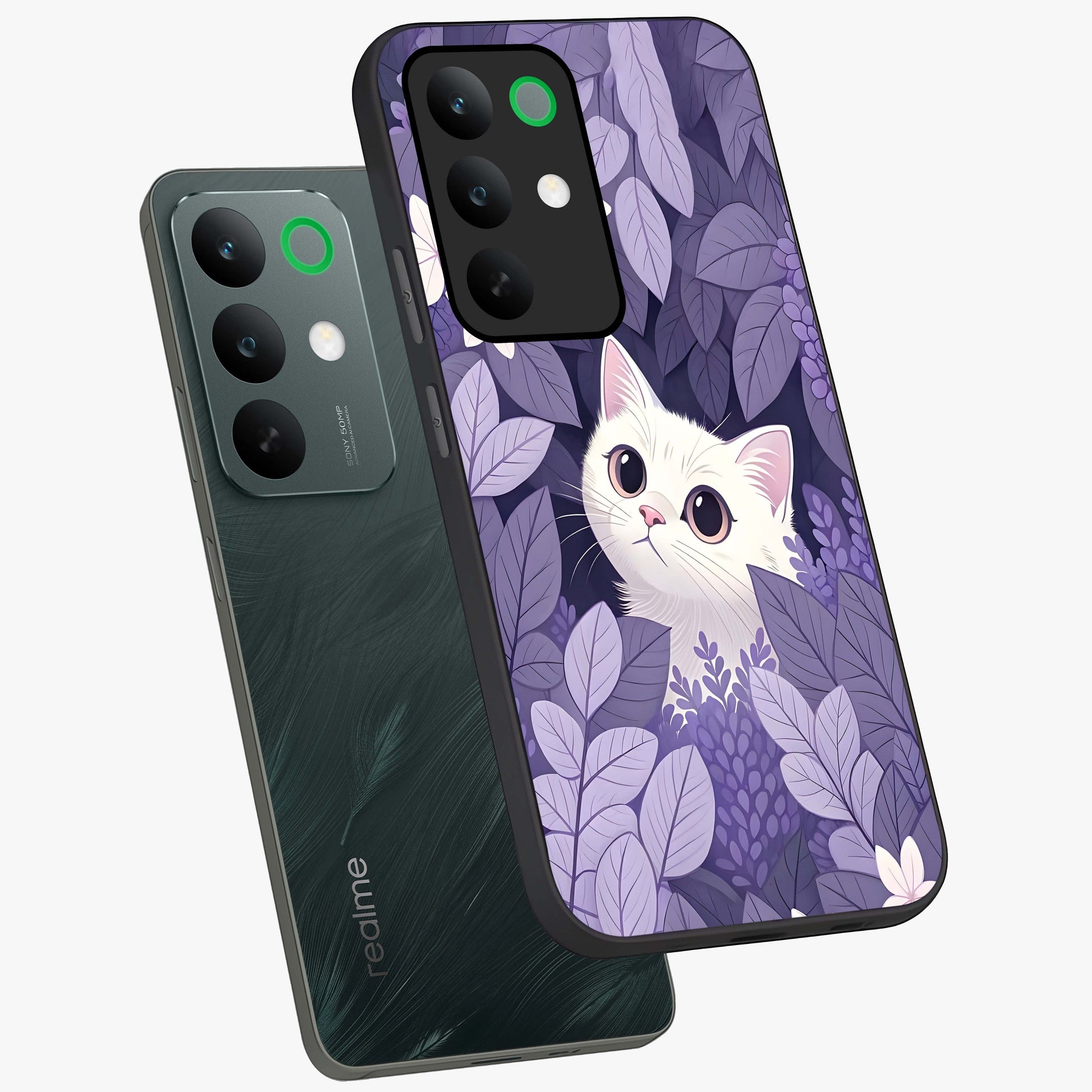 Lilac Hide Peek Cat Glass Case displayed in angled mockup highlighting playful feline illustration with lilac aesthetic design.