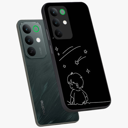 Line Art Boy With Shooting Stars Glass Case displayed in angled mockup highlighting elegant line art design with dreamy star aesthetic.