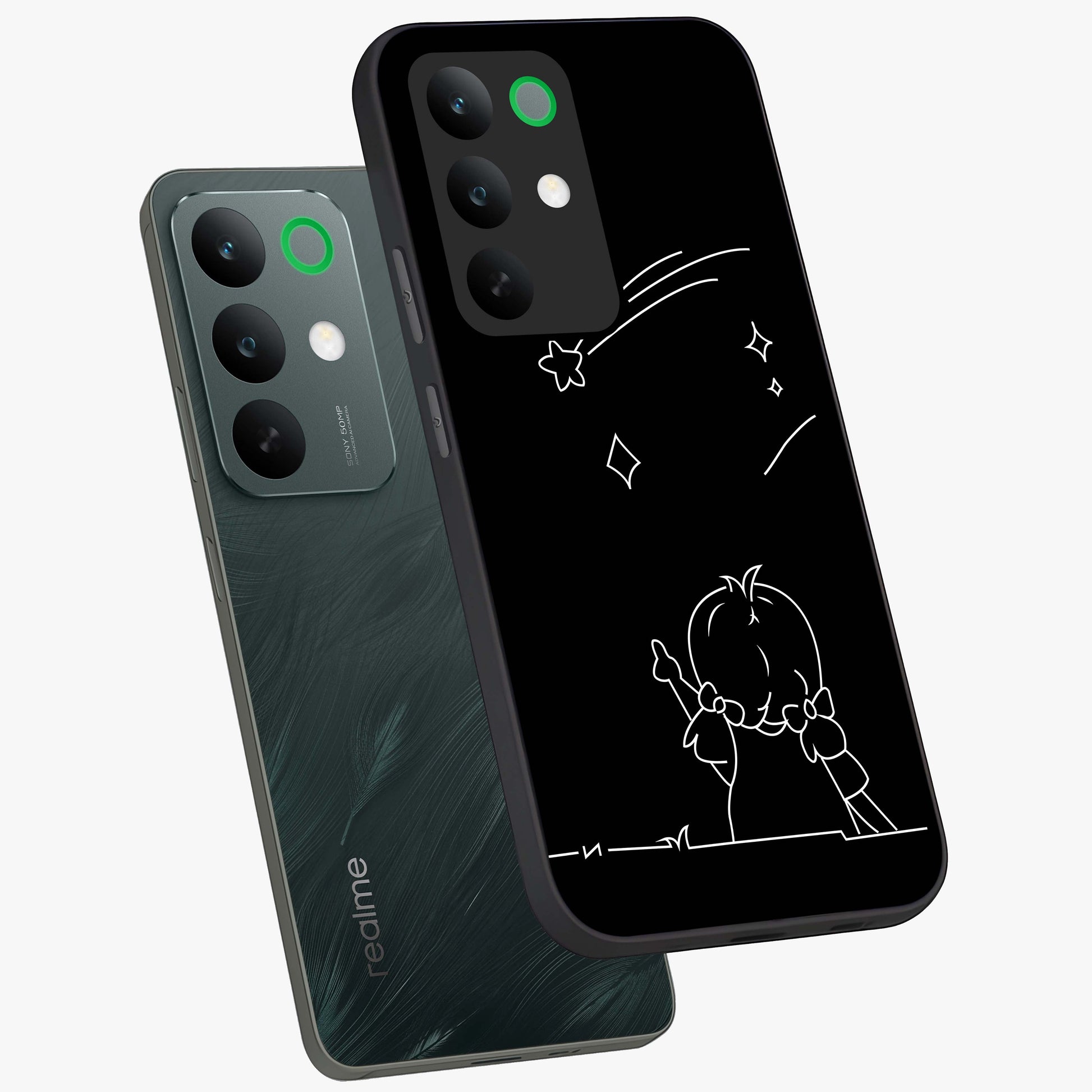 Line Art Girl With Shooting Stars Glass Case displayed in angled mockup highlighting elegant line art design with dreamy star aesthetic.