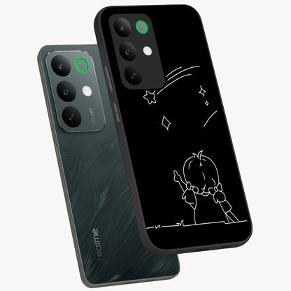 Line Art Girl With Shooting Stars Glass Case displayed in angled mockup highlighting elegant line art design with dreamy star aesthetic.