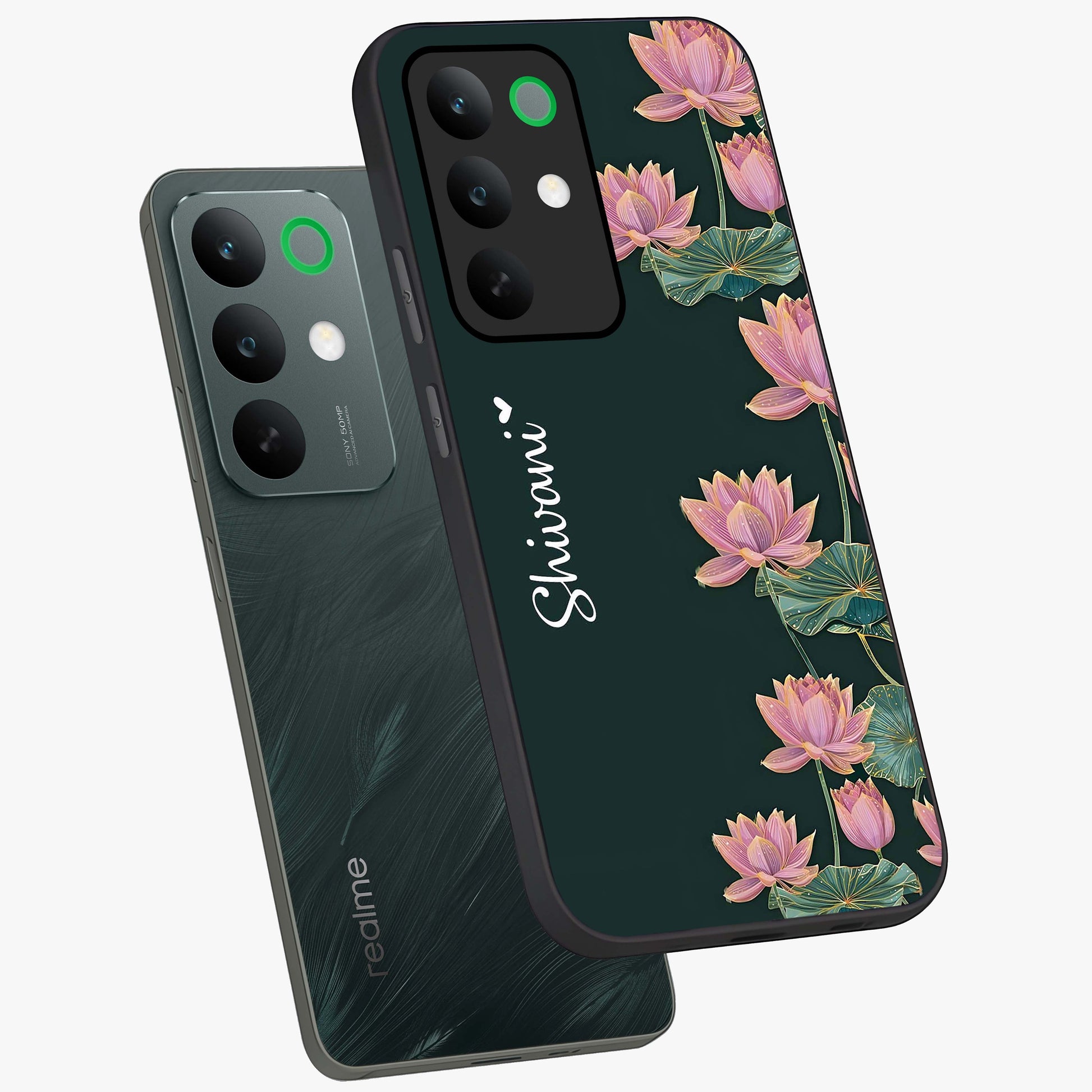Lotus Bloom Serenity Custom Name Glass Case displayed in angled mockup highlighting graceful lotus illustration with custom name feature.