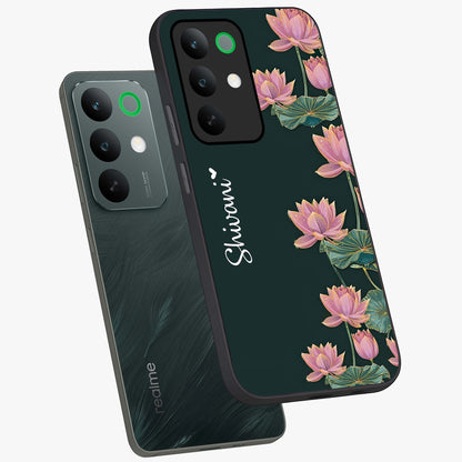Lotus Bloom Serenity Custom Name Glass Case displayed in angled mockup highlighting graceful lotus illustration with custom name feature.