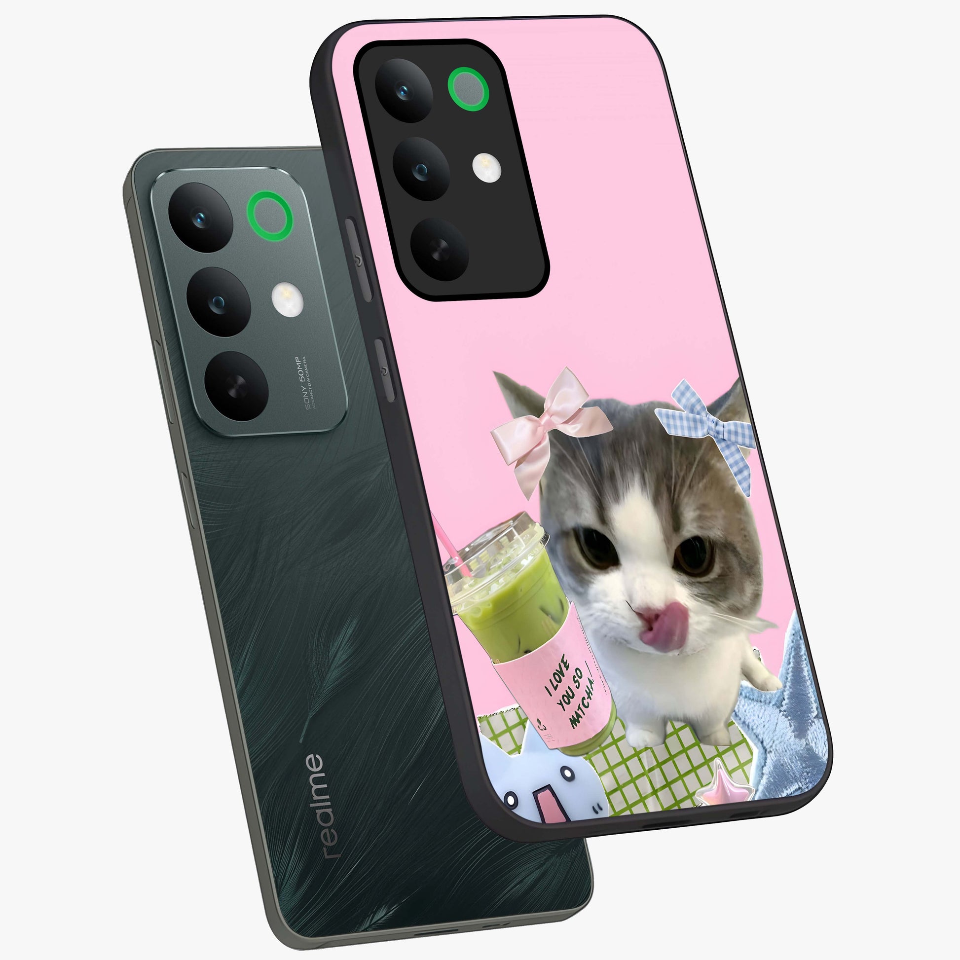 Love Matcha Cat Glass Case displayed in angled mockup highlighting playful feline illustration with cozy matcha aesthetic.