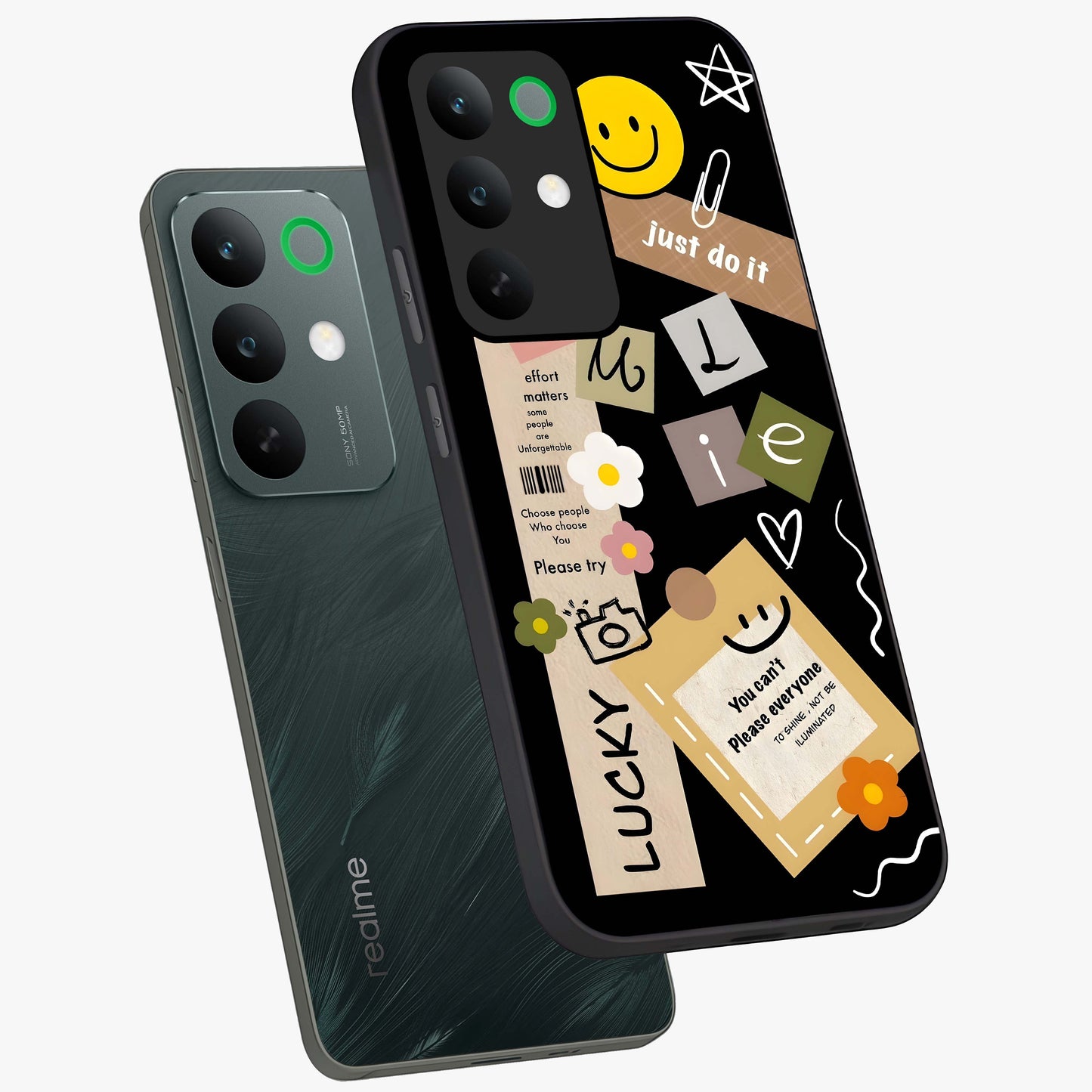 Lucky Aesthetic Collage Glass Case displayed in angled mockup highlighting stylish collage pattern with modern aesthetic vibe.