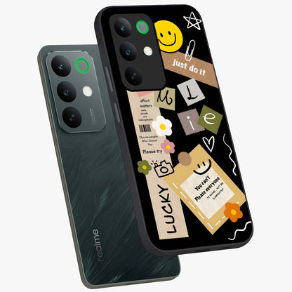Lucky Aesthetic Collage Glass Case displayed in angled mockup highlighting stylish collage pattern with modern aesthetic vibe.