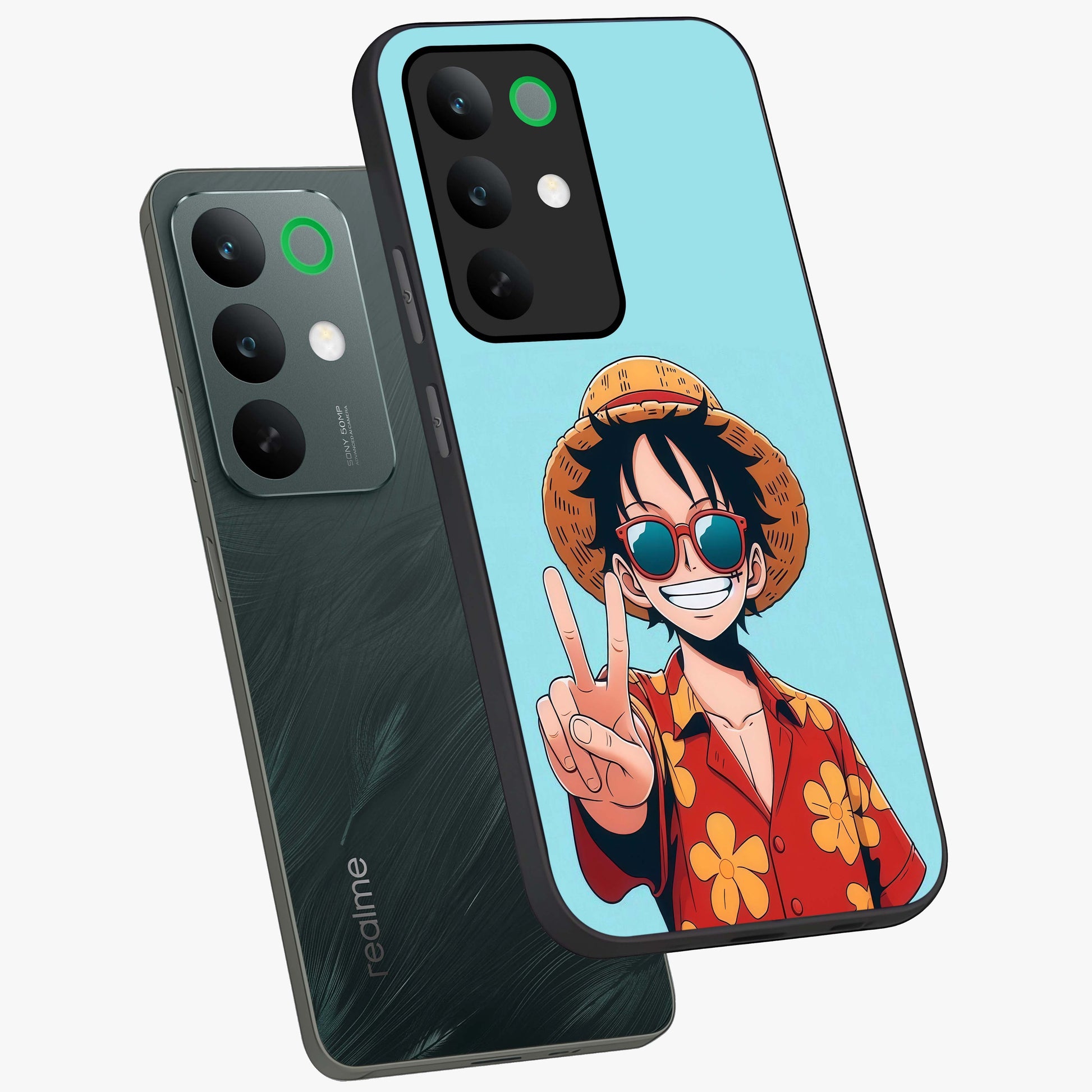 Luffy Summer Anime Vibe Glass Case displayed in angled mockup highlighting energetic anime illustration with summer vibe aesthetic.