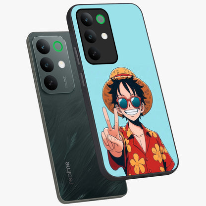 Luffy Summer Anime Vibe Glass Case displayed in angled mockup highlighting energetic anime illustration with summer vibe aesthetic.