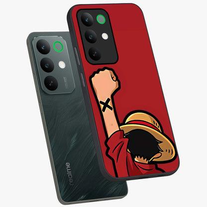 Luffy X Spirit Glass Case displayed in angled mockup highlighting powerful anime design with energetic action aesthetic.