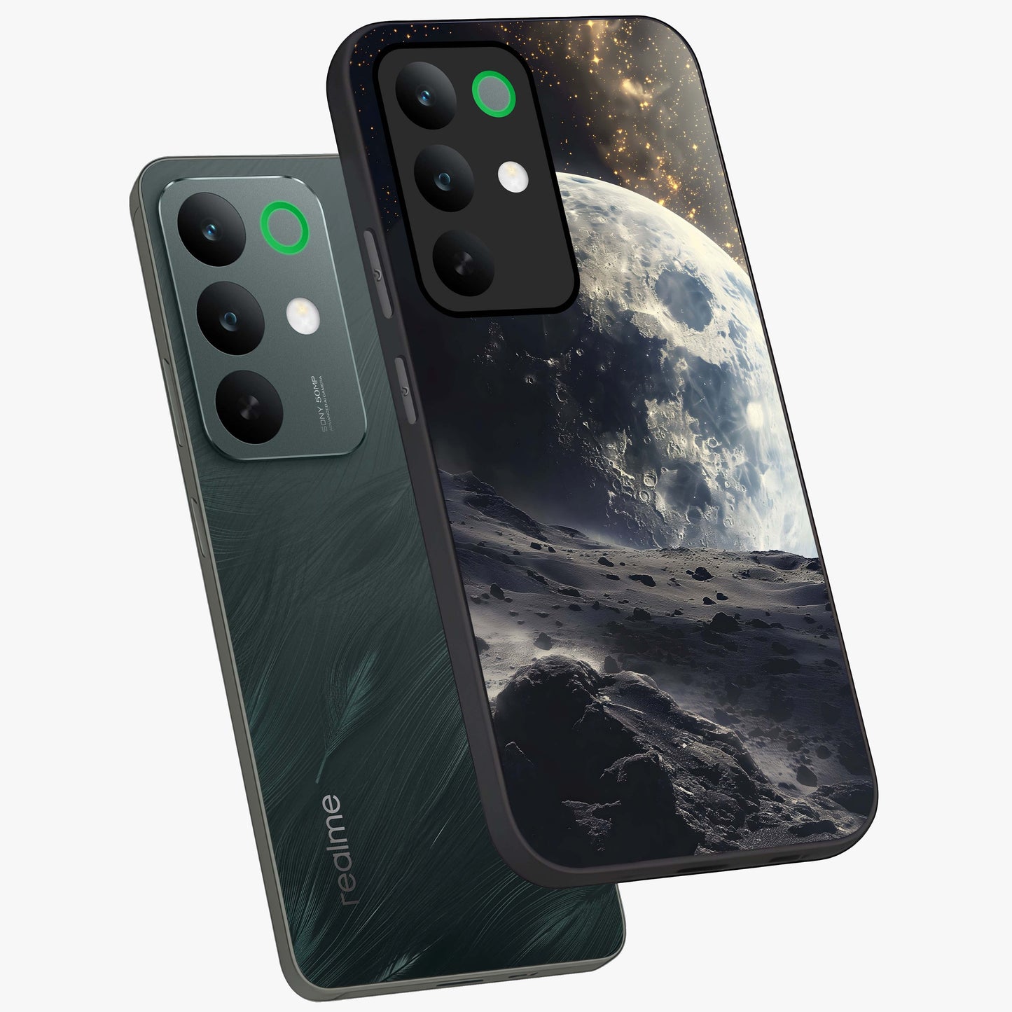 Lunar Horizon Glow Glass Case displayed in angled mockup highlighting celestial moon design with dreamy night aesthetic.