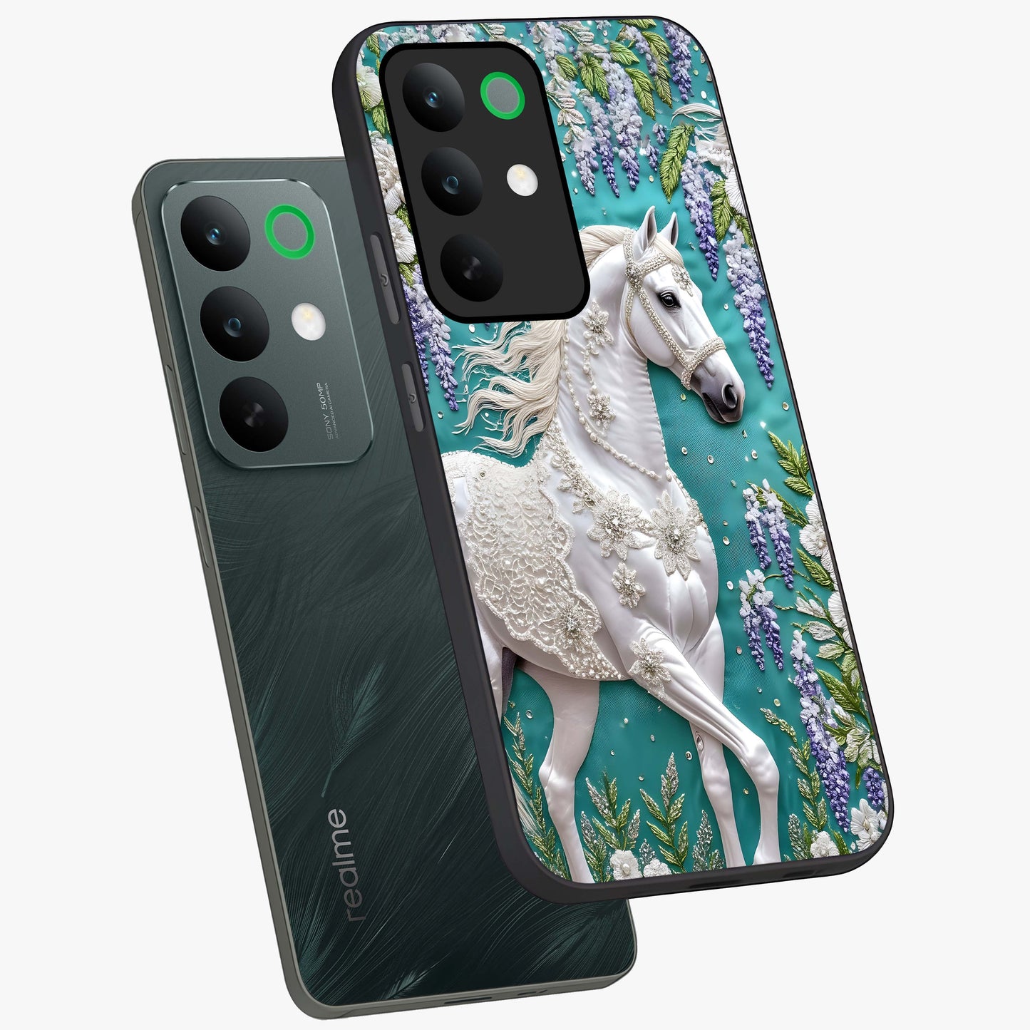 Majestic Floral Stallion Glass Case displayed in angled mockup highlighting majestic stallion illustration with elegant floral aesthetic.