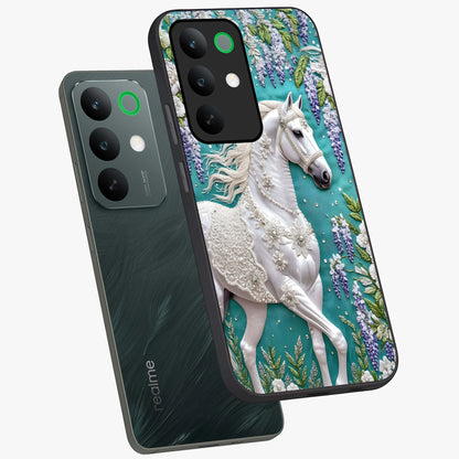 Majestic Floral Stallion Glass Case displayed in angled mockup highlighting majestic stallion illustration with elegant floral aesthetic.