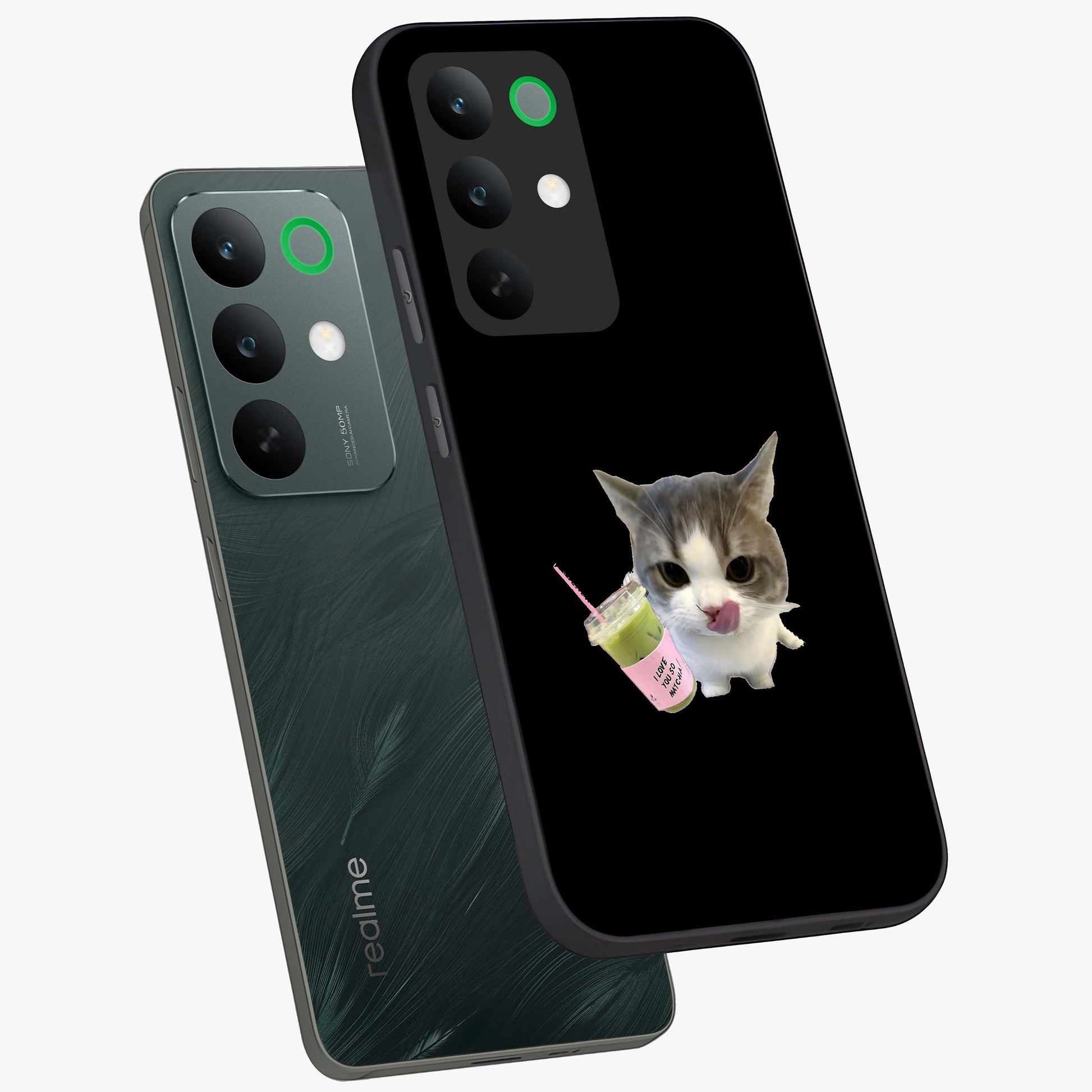 Matcha Cat Style Glass Case displayed in angled mockup highlighting playful feline design with pastel matcha aesthetic.