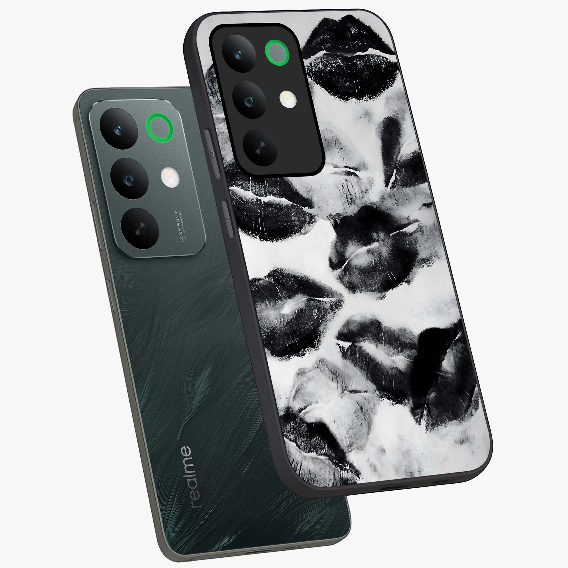 Midnight Kiss Marks Glass Case displayed in angled mockup highlighting playful romantic design with bold midnight aesthetic.