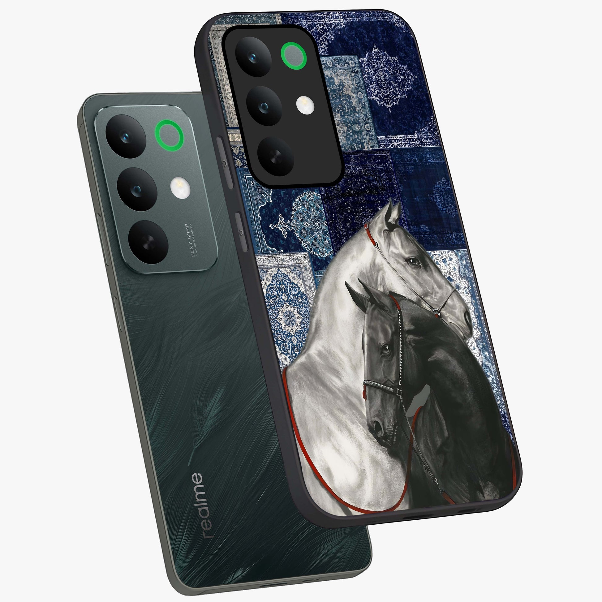 Midnight Stallion Blues Glass Case displayed in angled mockup highlighting powerful stallion illustration with deep midnight tones.