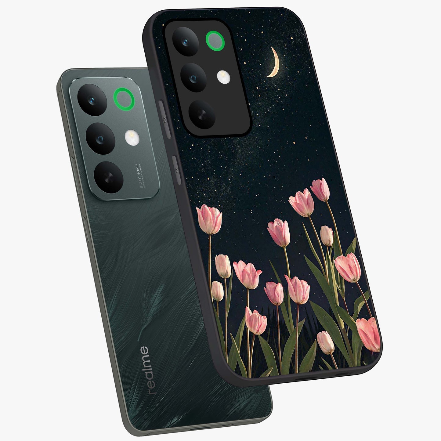 Midnight Tulip Whispers Vibe Glass Case displayed in angled mockup highlighting delicate tulip design with midnight floral aesthetic.