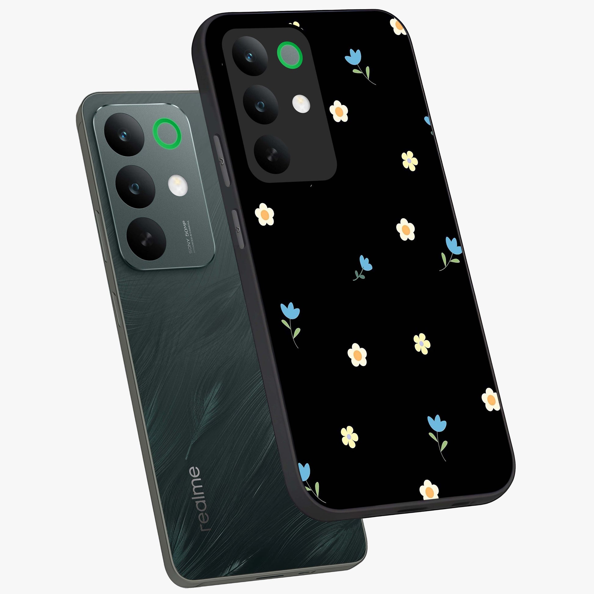 Minimal Petal Whispers Glass Case displayed in angled mockup highlighting delicate petal design with clean minimal aesthetic.