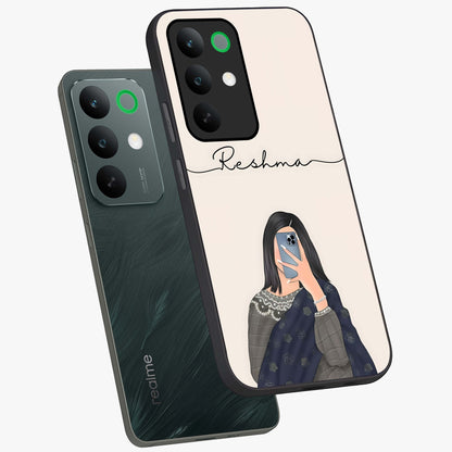 Mirror Mood Muse With Custom Name Glass Case displayed in angled mockup highlighting aesthetic mirror inspired design with custom name feature.