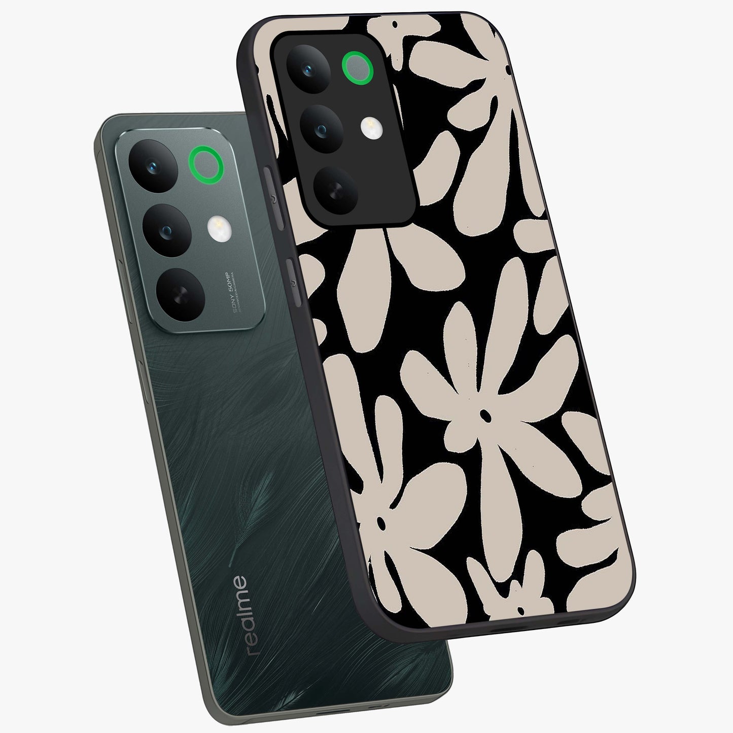 Monochrome Petal Dance Glass Case displayed in angled mockup highlighting elegant petal design with black and white aesthetic.