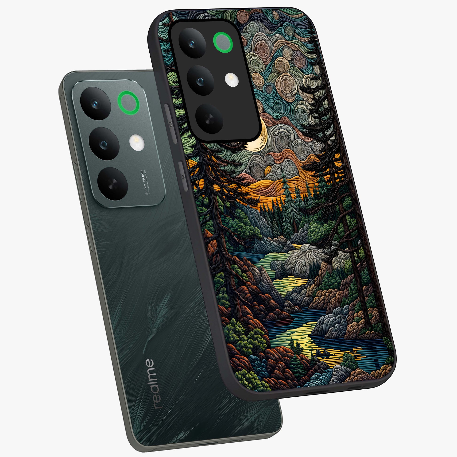 Moonlight Forest Dream Glass Case displayed in angled mockup highlighting dreamy forest design with glowing moon aesthetic.